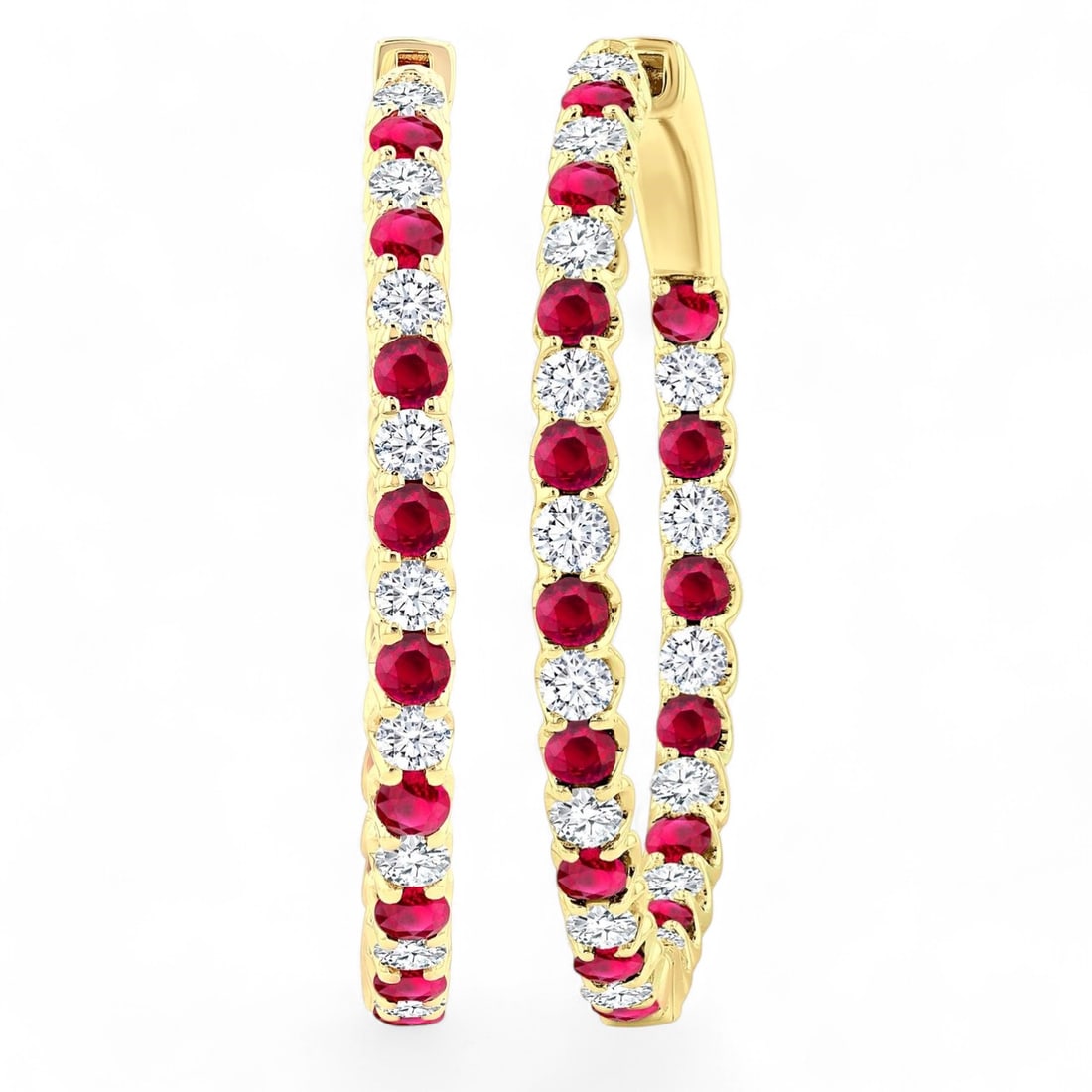 2.3 MM Ruby and 1.56 Ctw Alternating Precious Hoop White Diamond Modern 14K Yellow Gold Earrings -: Timeless and sophisticated, this stunning Inside & Outside Alternating Precious Hoop pair of earrings featuring Natural Diamonds and Rubies radiates enduring beauty. Securely held in a classic Shared