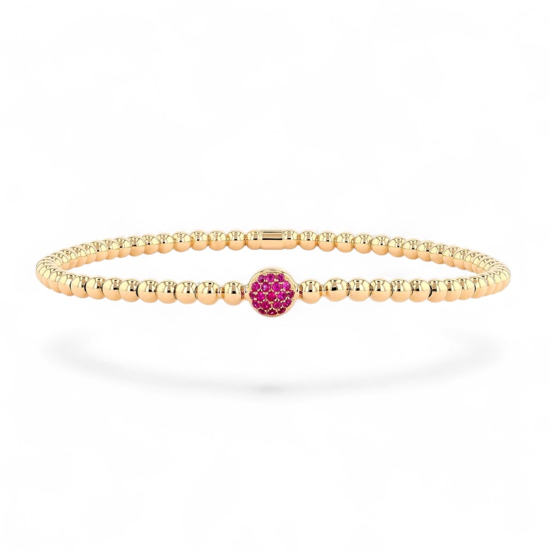 Gold Bead Pave Disc Center Stretch Ruby Modern 18K Yellow Gold Bracelet - Certified: Epitomizing grandeur, this magnificent Gold Bead Pave Disc Center Stretch bracelet featuring Rubies stands as a beacon of refined taste. Crafted with precision, the Pave setting is seamlessly integrat