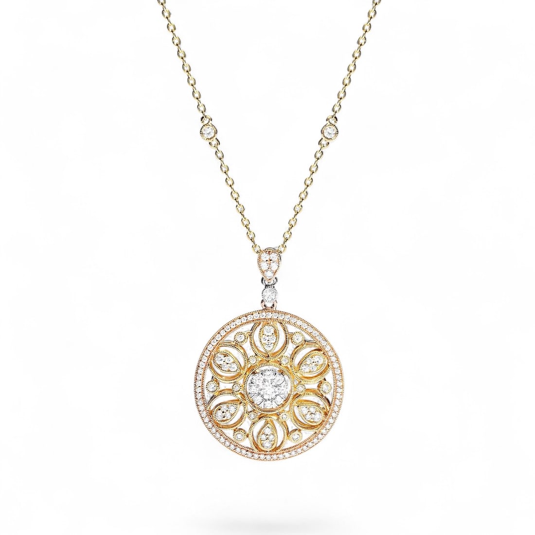 1.53 Ctw Fiori Cluster Tri-Color White Diamond Modern 18K Tri-Color Gold Pendant - Certified: Captured in a moment of brilliance, this stunning Fiori Cluster Tri-Color pendant featuring Natural Diamonds speaks to the connoisseur. Expertly mounted in a Pave setting, the pendant is crafted in 8.