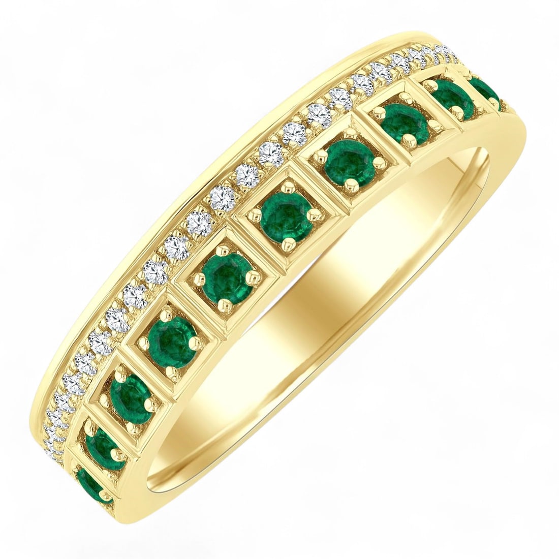 2 MM Emeralds and 0.15 Ctw Fashion Band White Diamond Modern 10K Yellow Gold Ring - Certified: An exquisite masterpiece of haute joaillerie, this magnificent Fashion Band ring featuring Natural Diamonds and Emeralds is a true treasure. Crafted with precision, the Band setting is seamlessly inte
