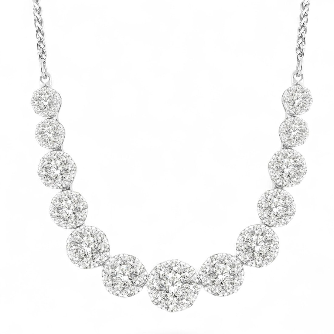 1.96 Ctw Round Cut Cluster White Diamond Modern 14K White Gold Necklace - Certified: Captured in a moment of brilliance, this breathtaking Cluster necklace featuring Natural Diamonds speaks to the connoisseur. Securely held in a classic Cluster design, the necklace is forged from 4.0