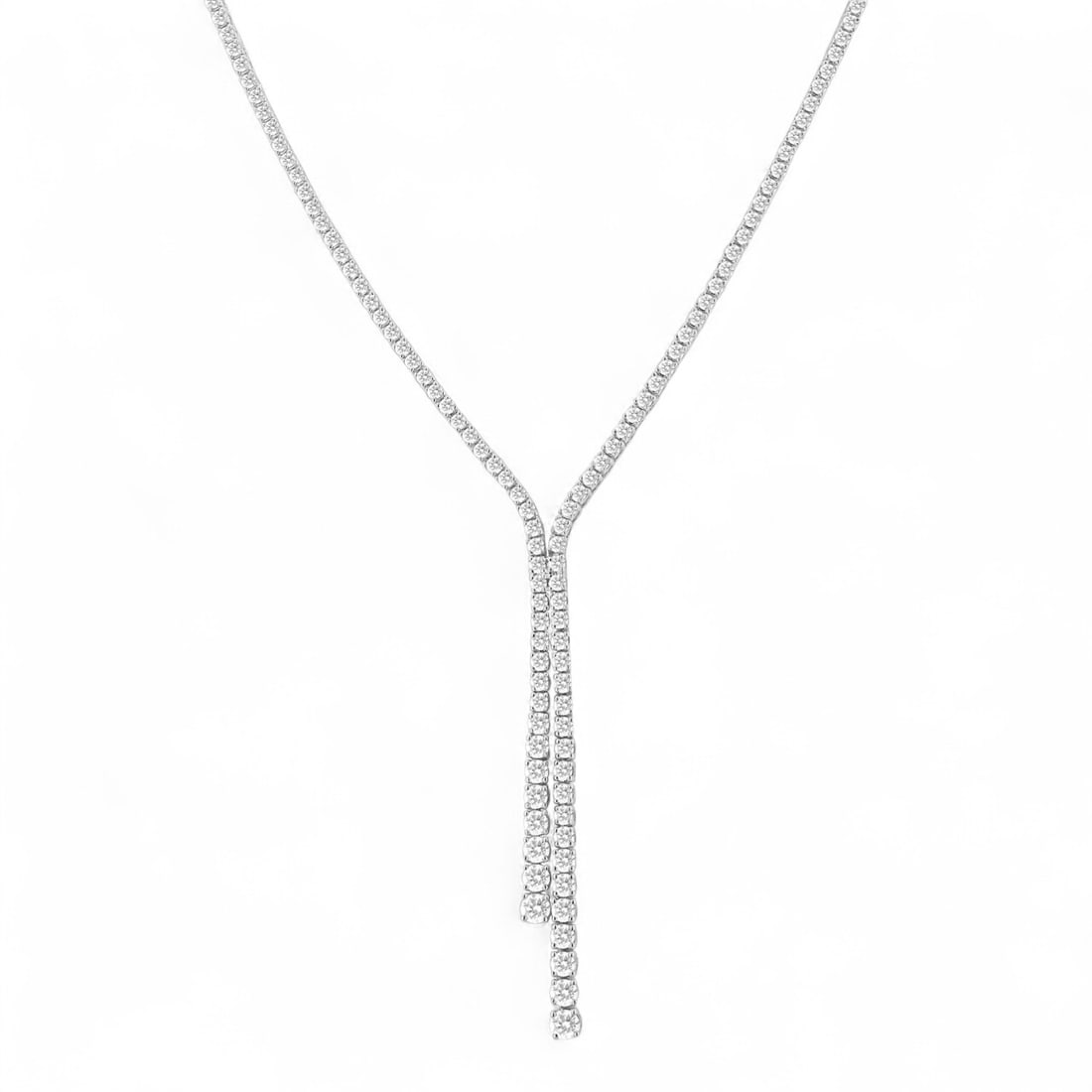 5.0 Ctw Open-End Y-Shape Lariat White Diamond Modern 14K White Gold Necklace - Certified: Exuding opulence and grace, this magnificent Open-End Y-Shape Lariat necklace featuring Natural Diamonds is crafted for the distinguished. A detailed Prong gallery secures the stones, rendered in 16.2
