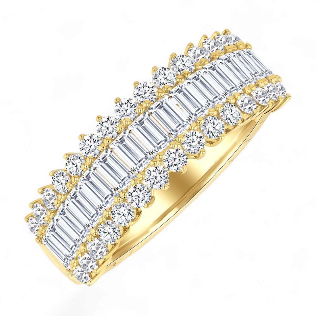 1.49 Ctw Wide Baguette Round Cut Fashion White Diamond Modern 14K Yellow Gold Ring - Certified: Captured in a moment of brilliance, this magnificent Wide Baguette and Round Cut Diamond Fashion ring featuring Natural Diamonds speaks to the connoisseur. The gemstones are nestled within a Prong fra