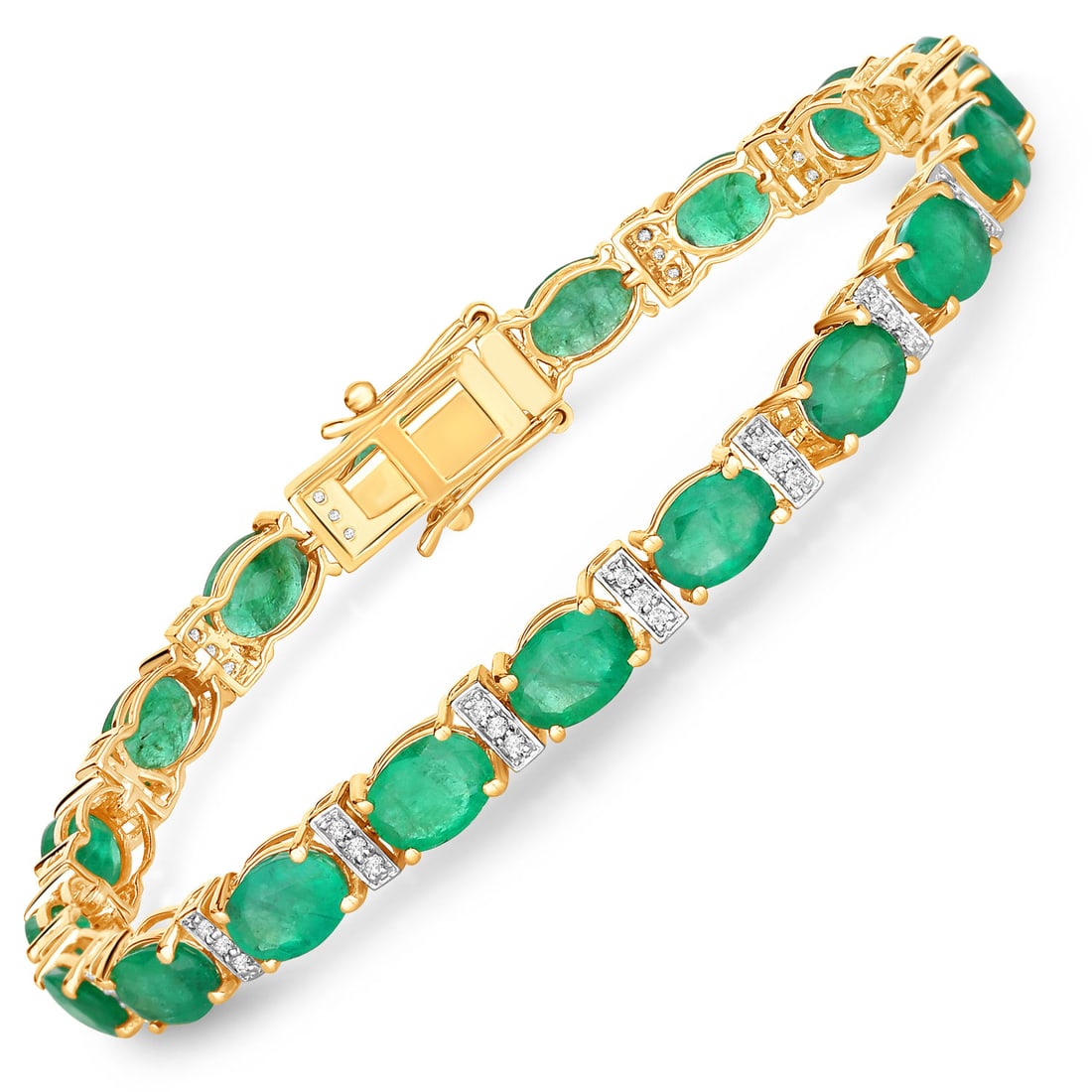 14.05 ctw Zambian Emerald Tennis 14K Yellow Gold Bracelet - Certified: Epitomizing grandeur, this selection stands as a beacon of refined taste. This 14.05 ctw design features 13.68 carats of oval-cut Zambian Emerald with vibrant green hues, accented by 0.37 carats of sp