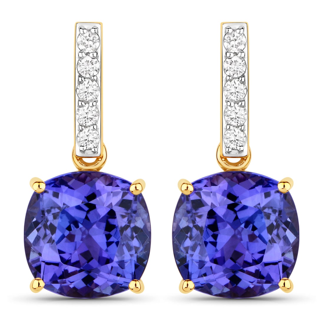 5.64 ctw Tanzanite and Diamond Dangle 14K Yellow Gold Earrings - Certified: A symphony of light and color, this piece embodies the pinnacle of luxury. This pair features a combined 5.50 carats of cushion-cut Tanzanite, celebrated for their velvety violet hues, gracefully acce