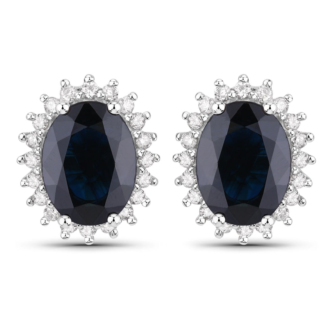 3.32 ctw Blue Sapphire Halo 14K White Gold Earrings - Certified: Exuding opulence and grace, this jewel is crafted for the distinguished. This pair features a combined 3.06 carats of stunning oval-cut Blue Sapphires, framed by a scintillating halo of 0.26 carats of