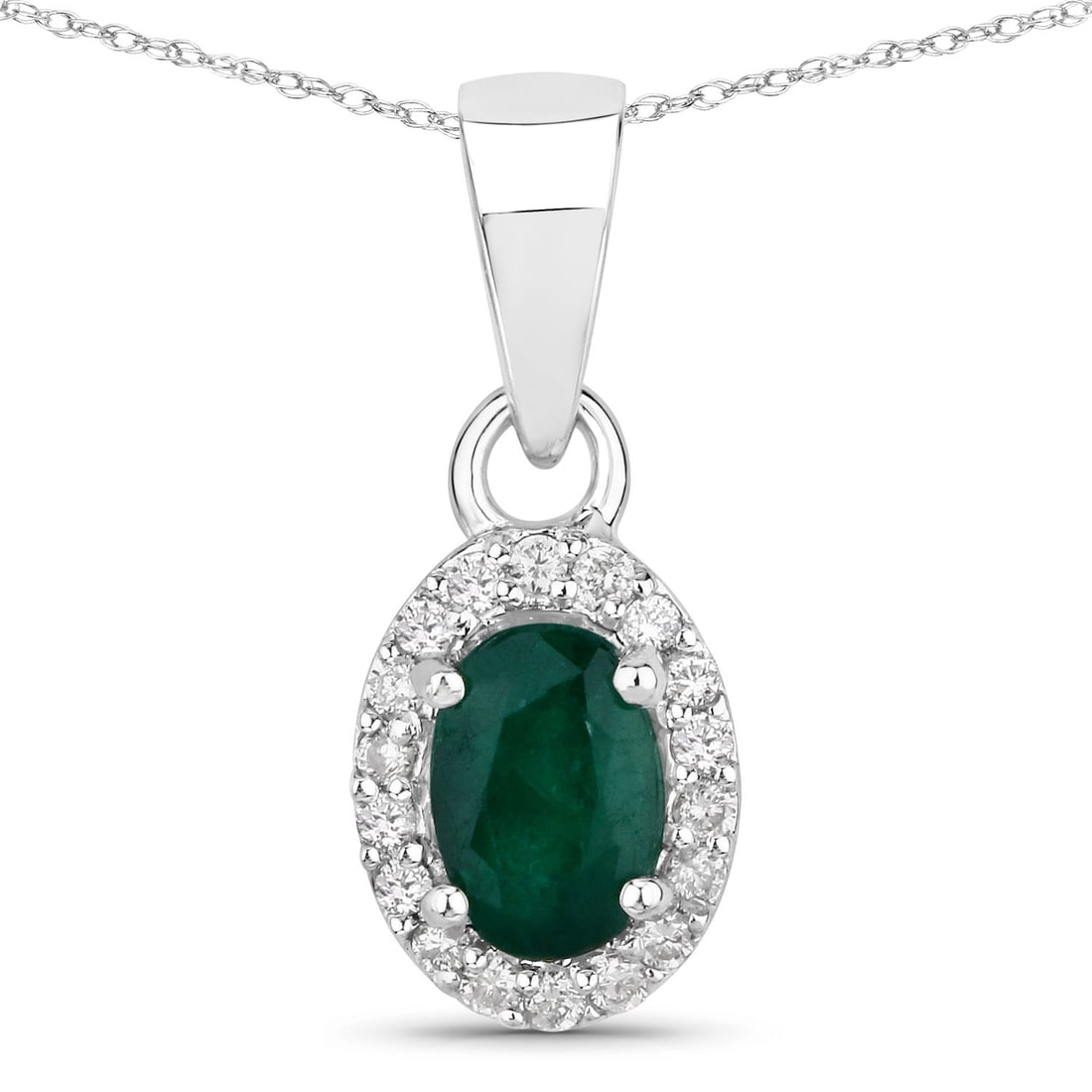 0.81 ctw Zambian Emerald Halo 14K White Gold Pendant - Certified: A symphony of light and color, this piece embodies the pinnacle of luxury. This 0.81 ctw design features 0.73 carats of Zambian Emerald with vibrant green hues, encircled by a sparkling halo of 0.08 c