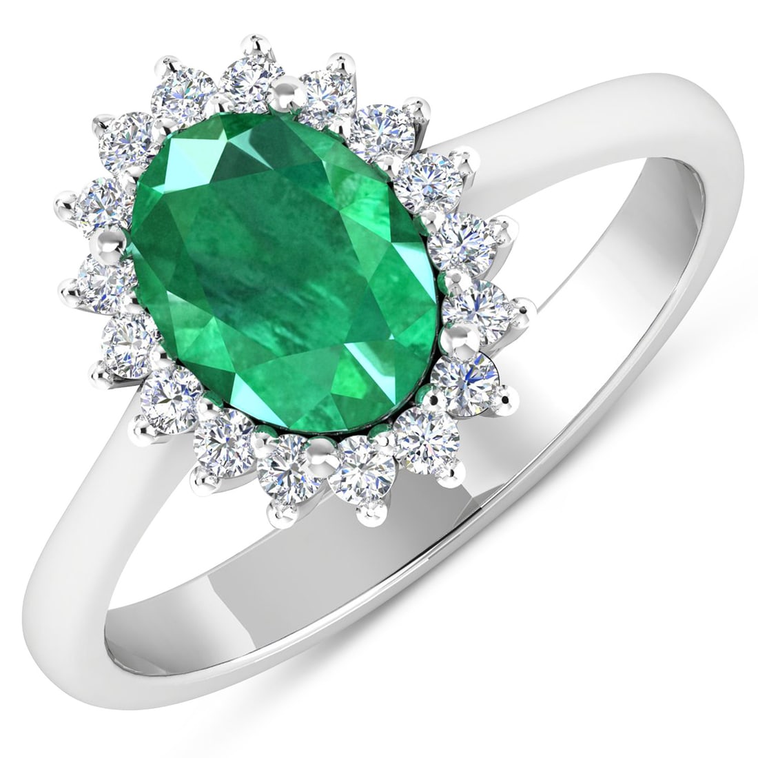 1.87 ctw Zambian Emerald Halo 14K White Gold Ring - Certified: Exuding opulence and grace, this jewel is crafted for the distinguished. This 1.87 ctw design features a magnificent 1.65 carat Zambian Emerald, celebrated for its vibrant green hues, encircled by a s