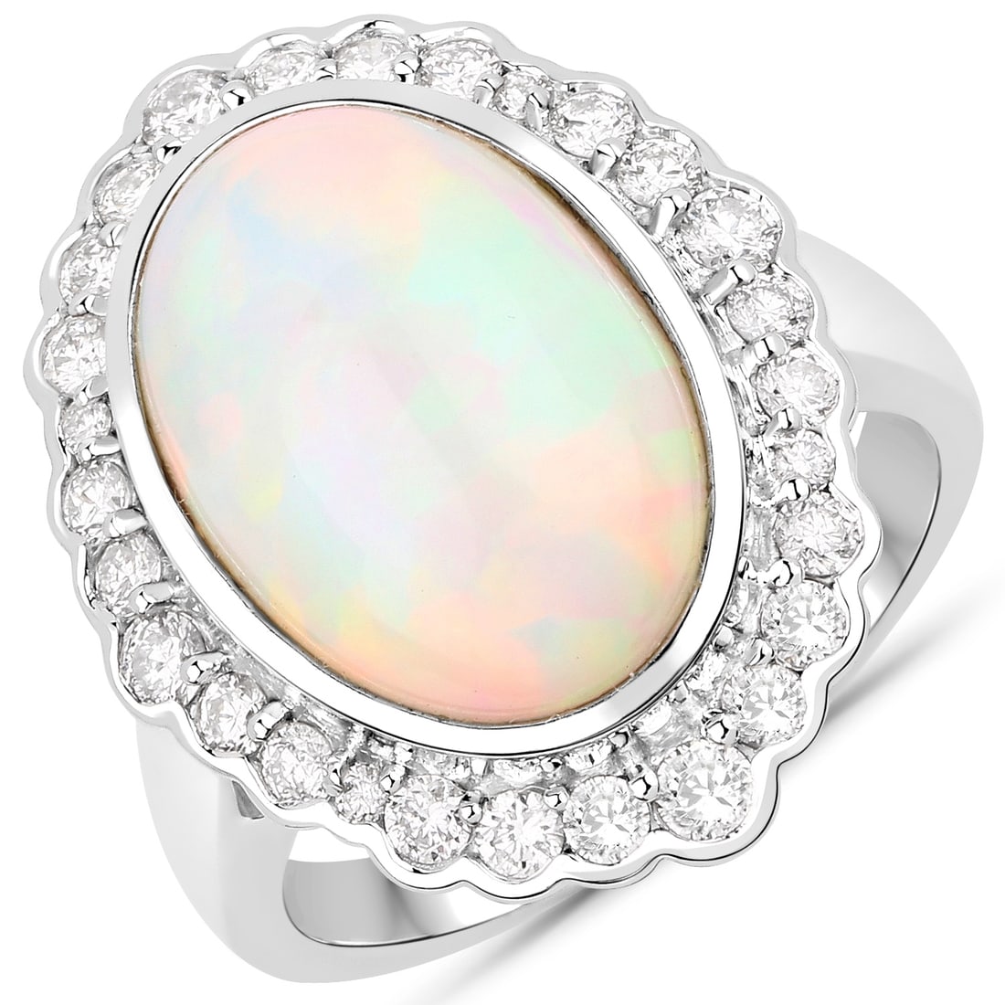 6.38 ctw Ethiopian Opal Cocktail Ring 14K White Gold Rings - Certified: Epitomizing grandeur, this selection stands as a beacon of refined taste. This 6.38 ctw design features 5.68 carats of Ethiopian Opal displaying a captivating play-of-color, brilliantly accented by 0.