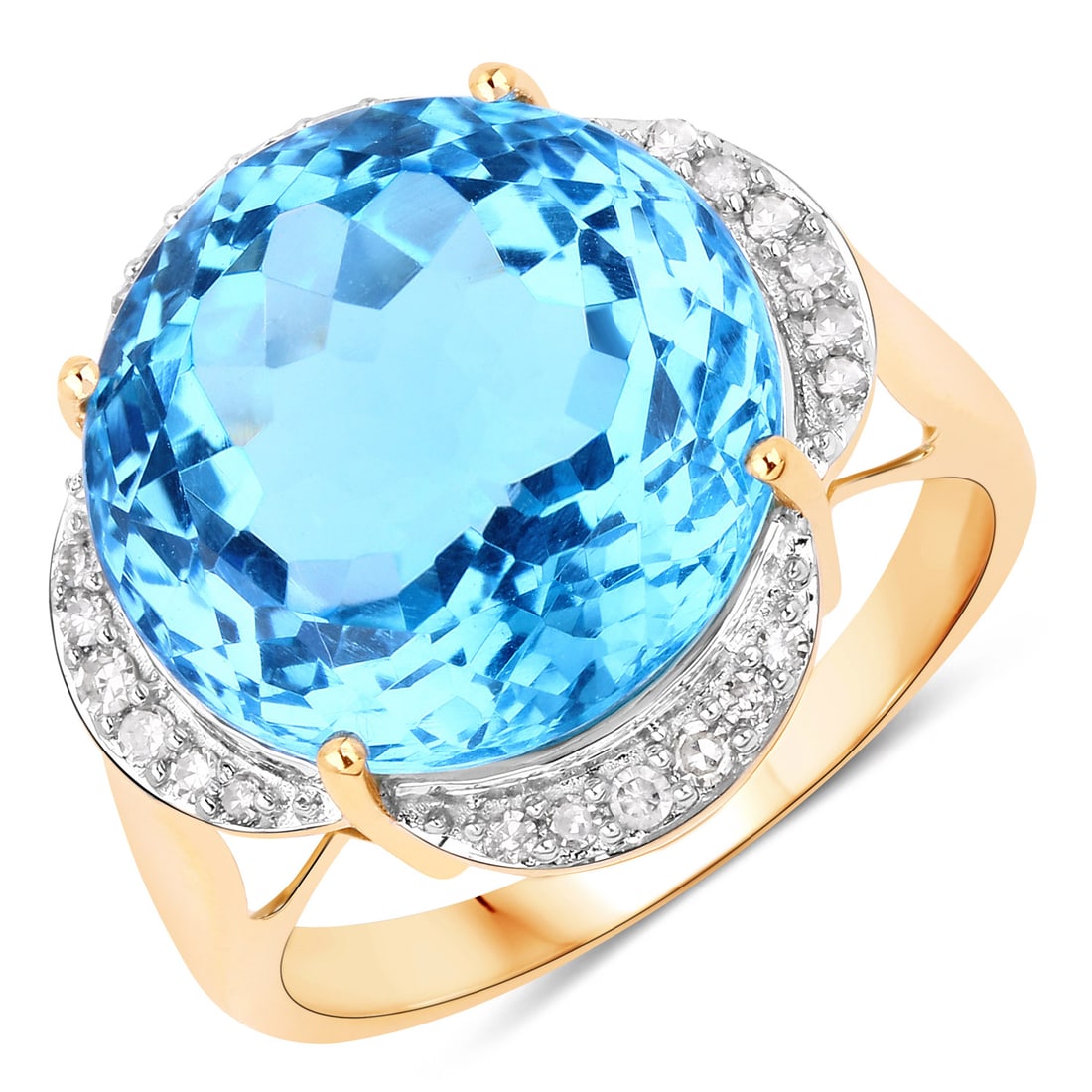 12.69 ctw Swiss Blue Topaz Cocktail 14K Yellow Gold Ring - Certified: Epitomizing grandeur, this selection stands as a beacon of refined taste. This 12.69 ctw design features 12.50 carats of Swiss Blue Topaz, celebrated for its vibrant hues, and is further accented by 0