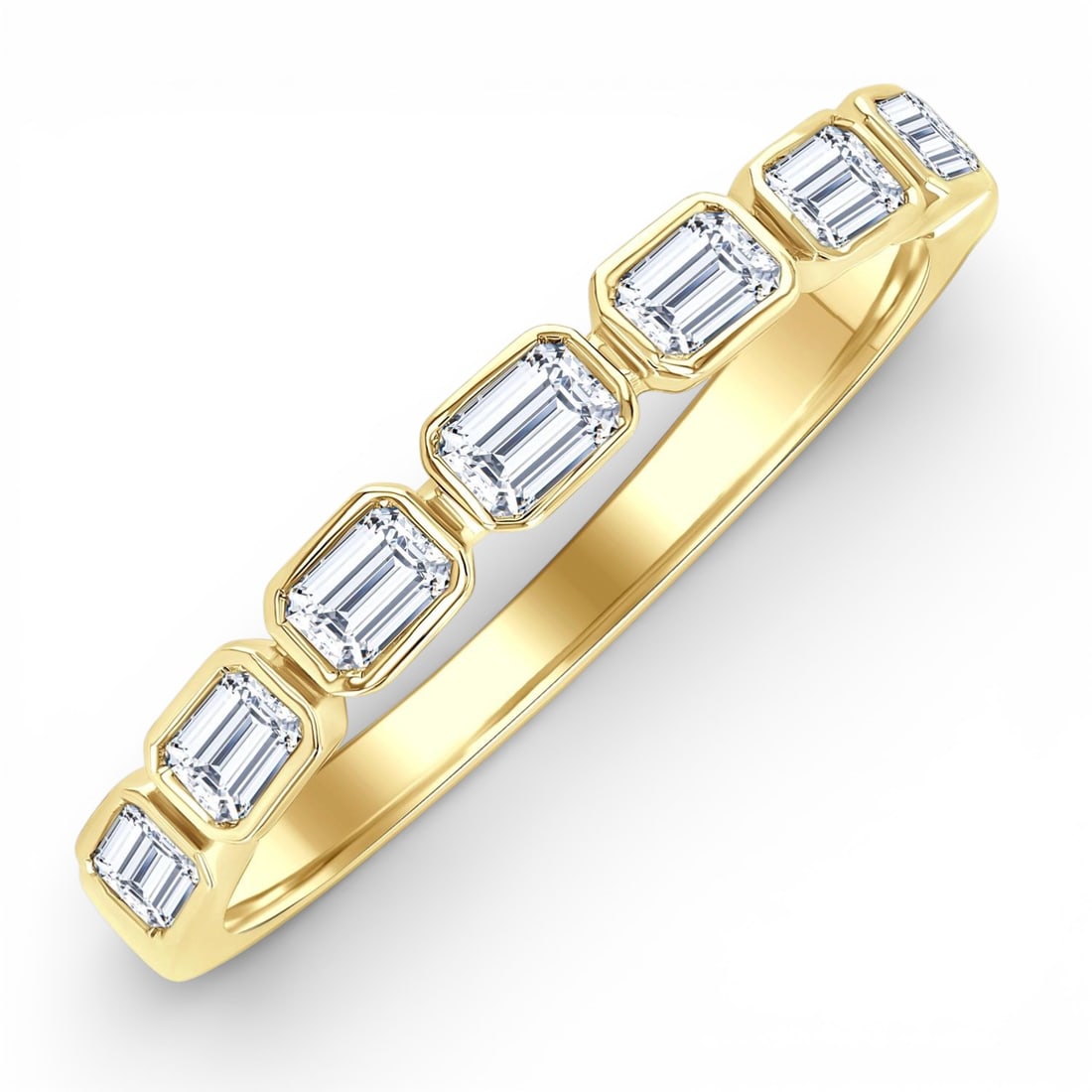 0.70 ctw Emerald Cut East-West Bezel Diamond 14K Yellow Gold Band Ring: Captured in a moment of brilliance, this magnificent East-West Emerald Cut Bezel ring featuring White Diamond speaks to the connoisseur. The gemstones are nestled within a Bezel framework, supported b
