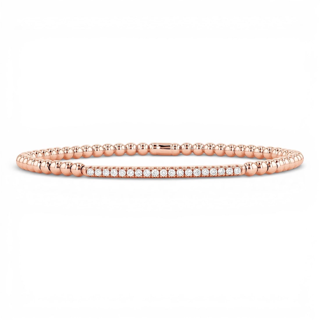 0.30 ctw Diamond Duchess Sereno Stretch 18K Rose Gold Bracelet: An exquisite masterpiece of haute joaillerie, this elegant Sereno Stretch bracelet featuring White Diamond is a true treasure. Showcasing the gems in a Bar arrangement, the bracelet consists of 6.1 g
