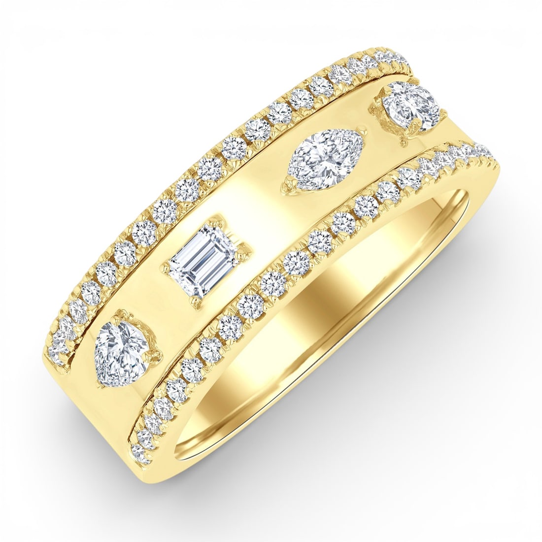 0.69 ctw Mixed Shape Diamond Wide Band 14K Yellow Gold Ring: Defining modern elegance, this magnificent Mixed Shape Wide Band ring featuring White Diamond captures the essence of style. Expertly mounted in a Wide Band setting, the ring is crafted in 6.35 grams