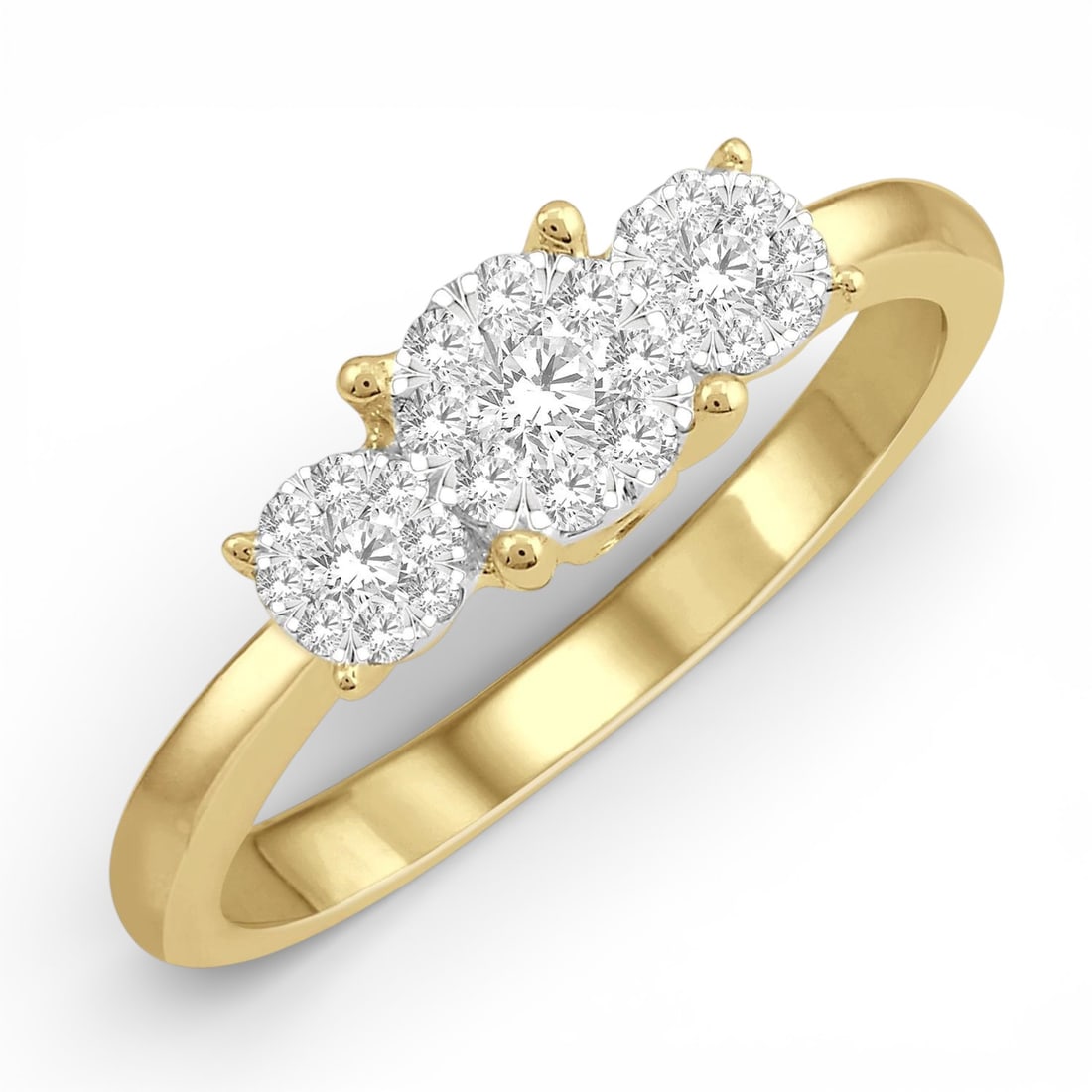 0.34 ctw Diamond Cluster Three Stone 14K Yellow and White Gold Ring: Exuding opulence and grace, this stunning Cluster Three Stone ring featuring White Diamond is crafted for the distinguished. Crafted with precision, the Three-Stone setting is seamlessly integrated in