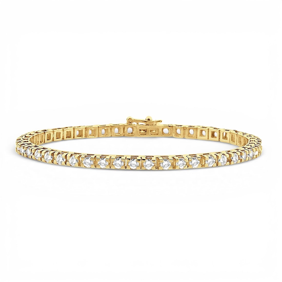 5.0 ctw Diamond Tennis Bracelet 14K Yellow Gold: An exquisite masterpiece of haute joaillerie, this elegant Square Shape bracelet featuring White Diamond is a true treasure. Crafted with precision, the Prong setting is seamlessly integrated into 17.
