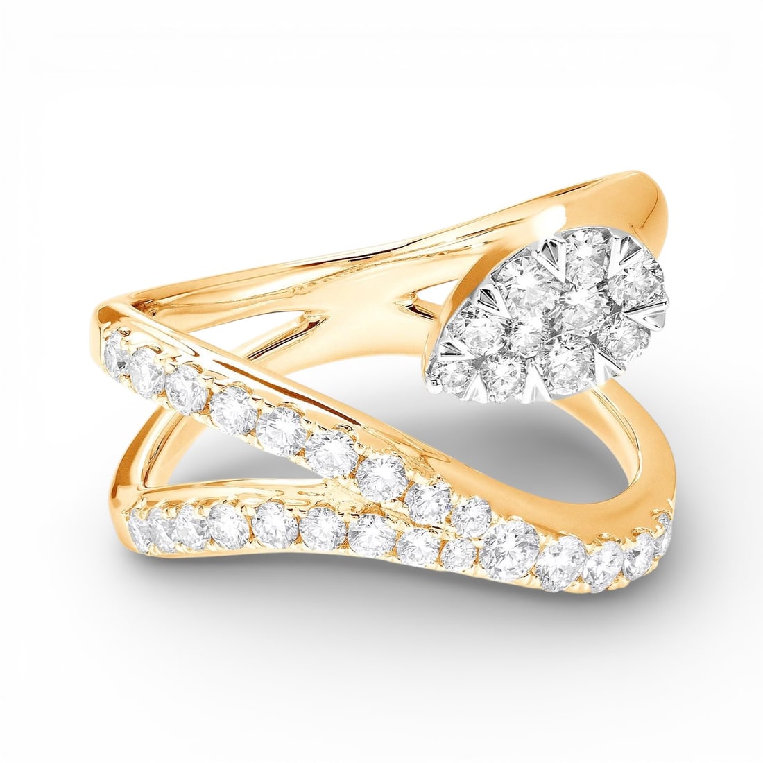 0.91 ctw Diamond Fiori Flower Cluster 18K Yellow & White Gold Ring: Timeless and sophisticated, this exquisite Fiori Flower Cluster ring featuring White Diamond radiates enduring beauty. Expertly mounted in a Cluster setting, the ring is crafted in 6.8 grams of solid