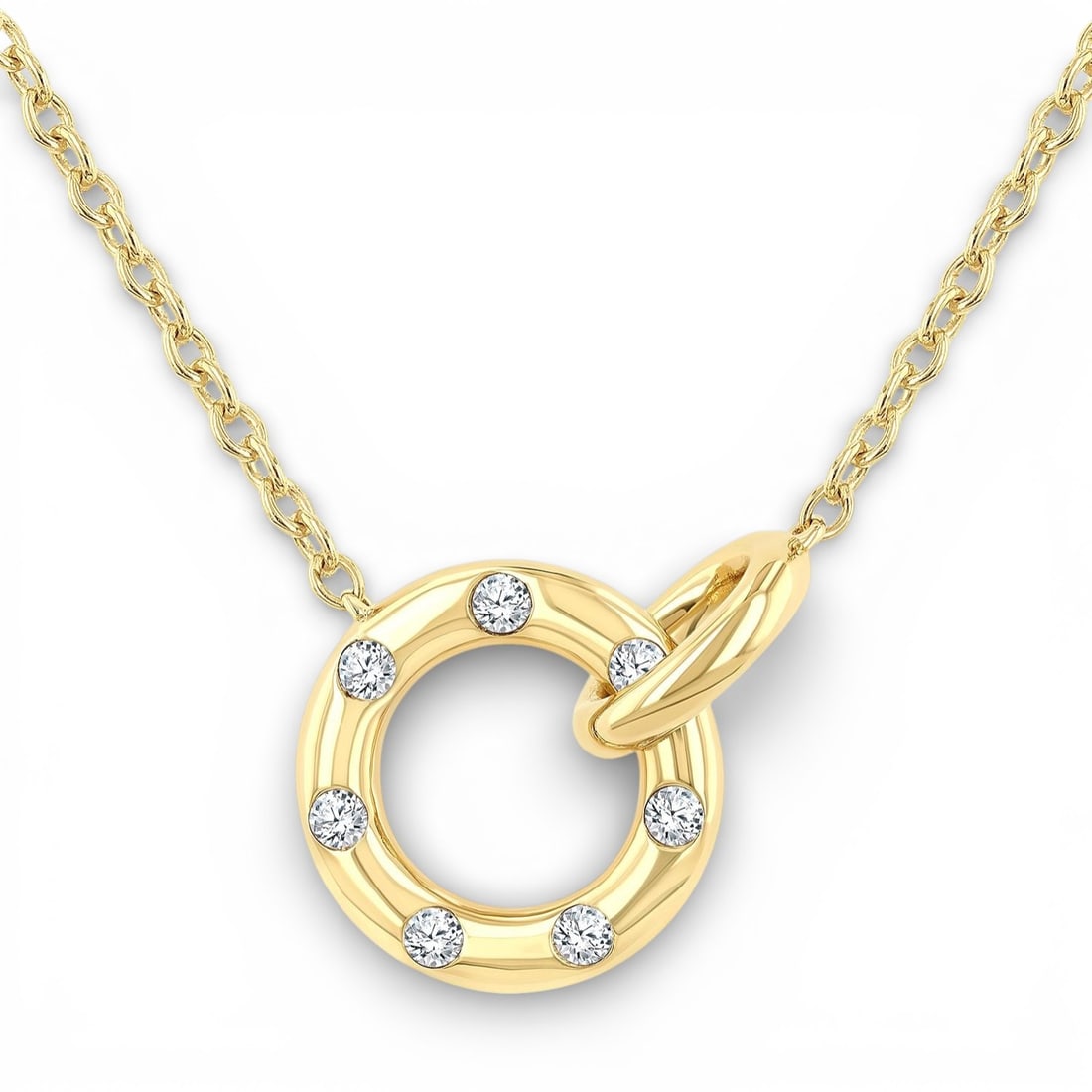 0.14 ctw Diamond Interlocked Circle 10K Yellow Gold Pendant Necklace: A symphony of light and color, this elegant Interlocked Circle necklace featuring White Diamond embodies the pinnacle of luxury. Expertly mounted in a Pendant setting, the necklace is crafted in 1.7 g