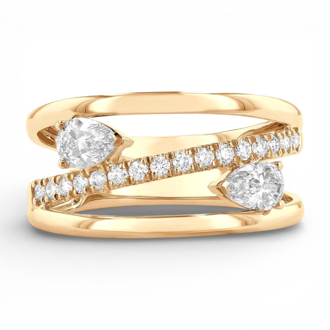 0.85 ctw White Diamond 18K Yellow Gold Paradox Pear Bypass Ring: Defining modern elegance, this magnificent Pear Bypass ring featuring White Diamond captures the essence of style. The gemstones are nestled within a Bypass framework, supported by a substantial 6.4 g