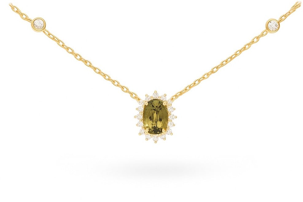 1.37ctw Alexandrite and 0.24ct Diamond 18K Yellow Gold Halo Pendant: Rare and radiant, this stunning Halo pendant necklace featuring Alexandrite, White Diamond offers a touch of the extraordinary. Crafted with precision, the Halo setting is seamlessly integrated into 2