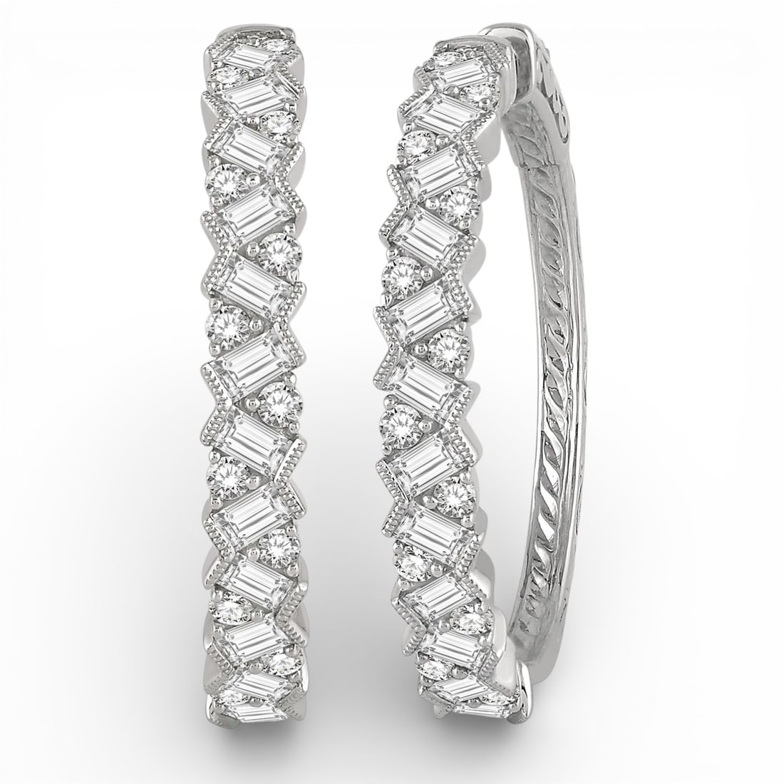 2.0 ctw Zigzag Baguette and Round Diamond 14K White Gold Hoop Earrings: Rare and radiant, this magnificent Zigzag pair of earrings featuring White Diamond offers a touch of the extraordinary. Crafted with precision, the Geometric Channel and Prong Combination setting is s