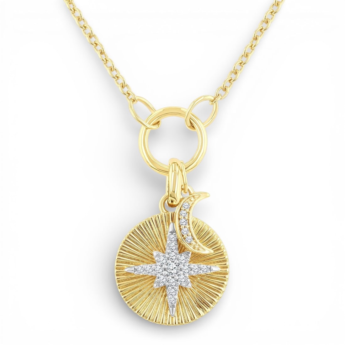 0.12 ctw Diamond Crescent Moon & Star Charm 10K Yellow & White Gold Pendant: An exquisite masterpiece of haute joaillerie, this elegant Fluted Medallion pendant featuring White Diamond is a true treasure. A detailed Cluster gallery secures the stones, rendered in 2.85 grams of