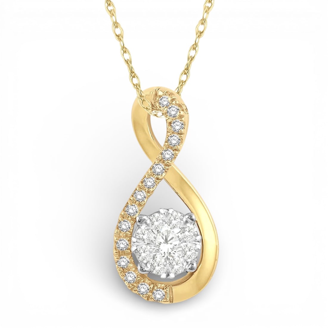 0.22 ctw Diamond Twisted Loop Cluster 14K Yellow and White Gold Pendant: Captured in a moment of brilliance, this exquisite Twisted Loop Cluster pendant featuring White Diamond speaks to the connoisseur. Expertly mounted in a Cluster setting, the pendant is crafted in 1.3