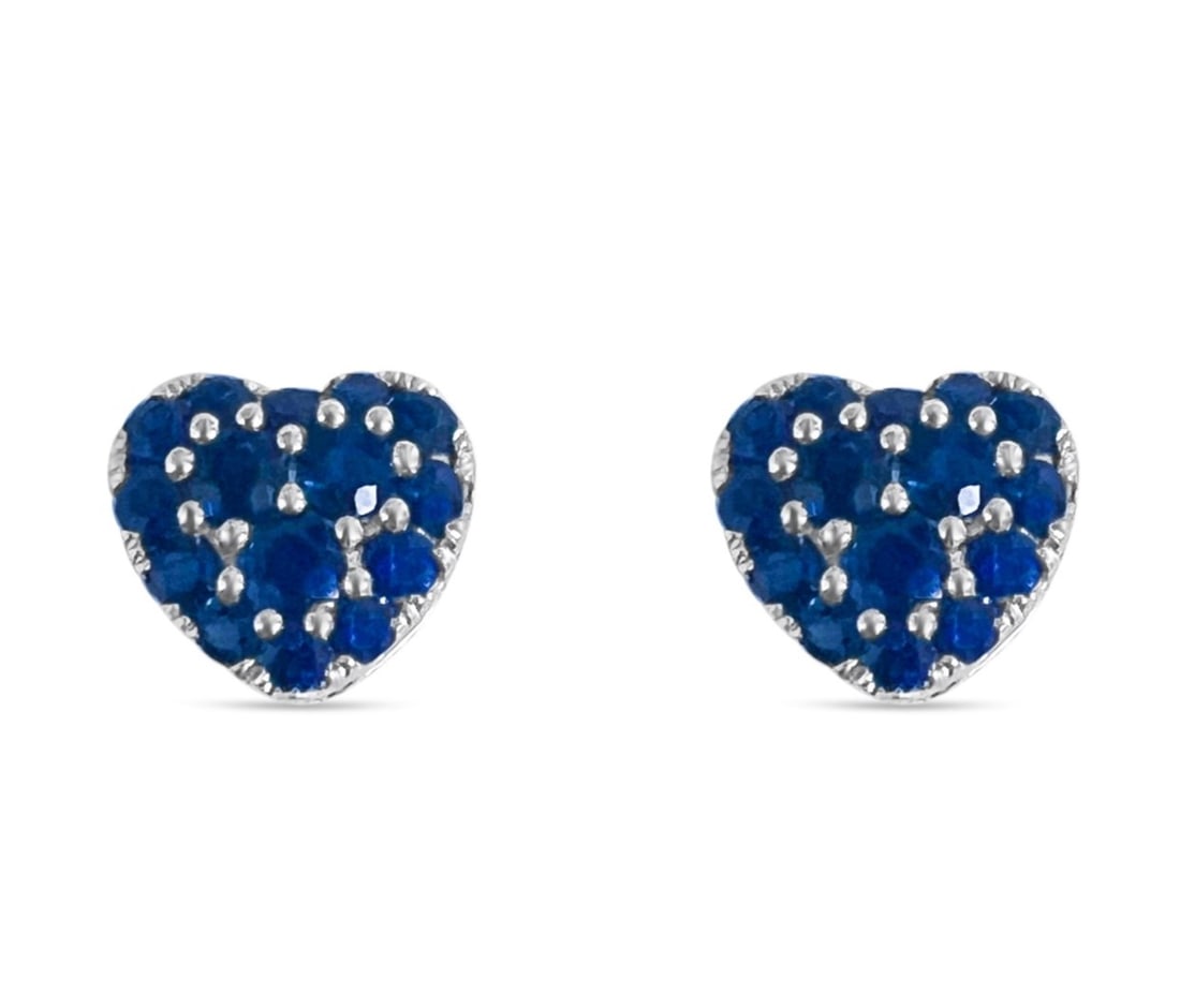 2.00ctw Blue Sapphire Heart Link 14K White Gold Stud Earrings: Rare and radiant, this stunning Heart Shape Link pair of earrings featuring Blue Sapphire offers a touch of the extraordinary. A detailed Cluster gallery secures the stones, rendered in 3.0 grams of l