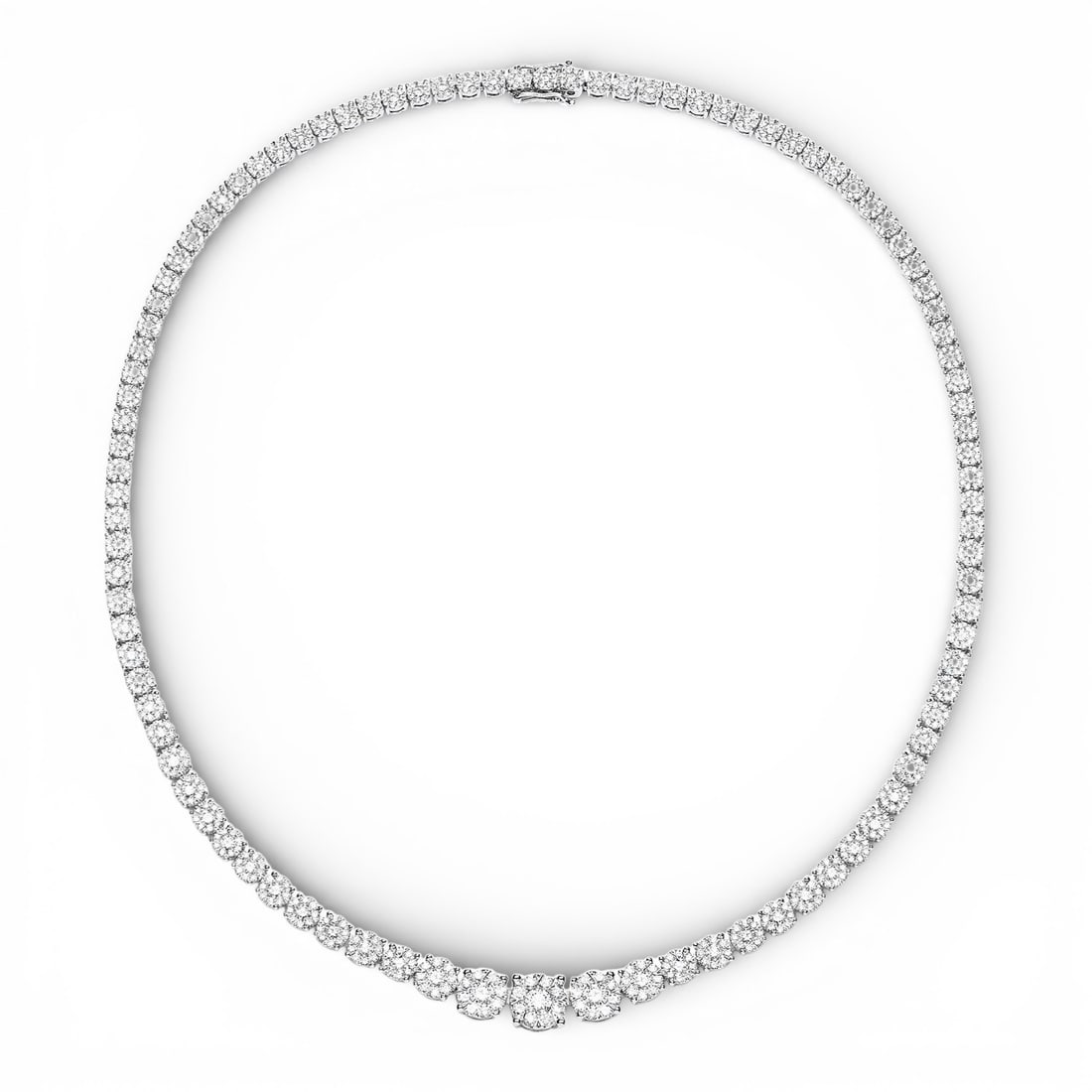 9.95 ctw White Diamond Riviera Cluster 18K White Gold Necklace: Rare and radiant, this stunning Fiori Eternity Riviera Cluster necklace featuring White Diamond offers a touch of the extraordinary. Showcasing the gems in a Riviera/Tennis with Graduated Cluster arra
