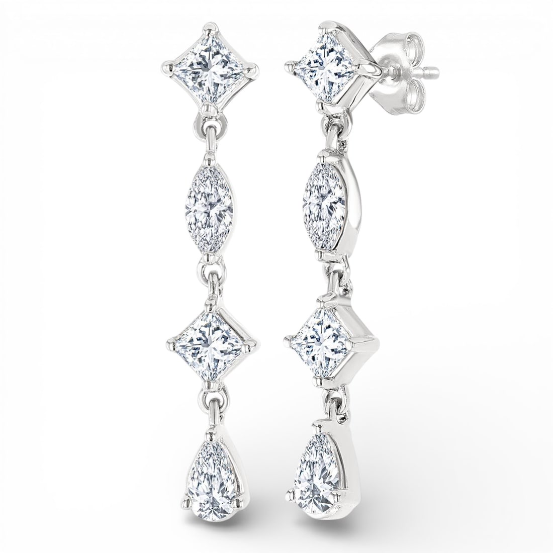 0.48 ctw Mixed Cut Diamond Drop 14K White Gold Earrings: Defining modern elegance, this exquisite Mixed Fancy Shapes pair of earrings featuring White Diamond captures the essence of style. The gemstones are nestled within a Drop framework, supported by a su