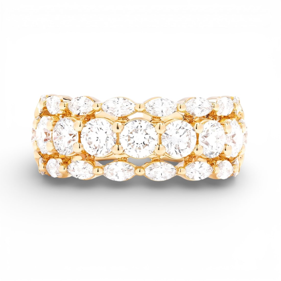 Duchess 3.34 ctw Round & Marquise Diamond 18K Yellow Gold Band: An exquisite masterpiece of haute joaillerie, this magnificent Duchess band ring featuring White Diamond is a true treasure. Showcasing the gems in a Multi-Row Band arrangement, the ring consists of 8