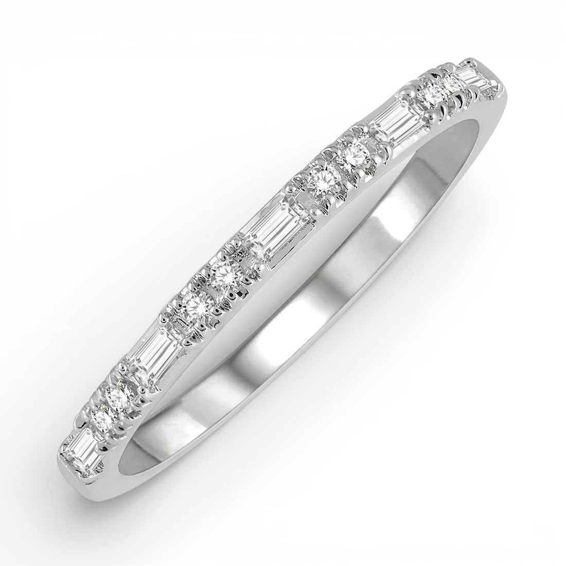0.17 ctw Baguette and Round Diamond 14K White Gold Band Ring: Captured in a moment of brilliance, this magnificent Stack Band band ring featuring White Diamond speaks to the connoisseur. Securely held in a classic Half-Eternity Band design, the band ring is forg