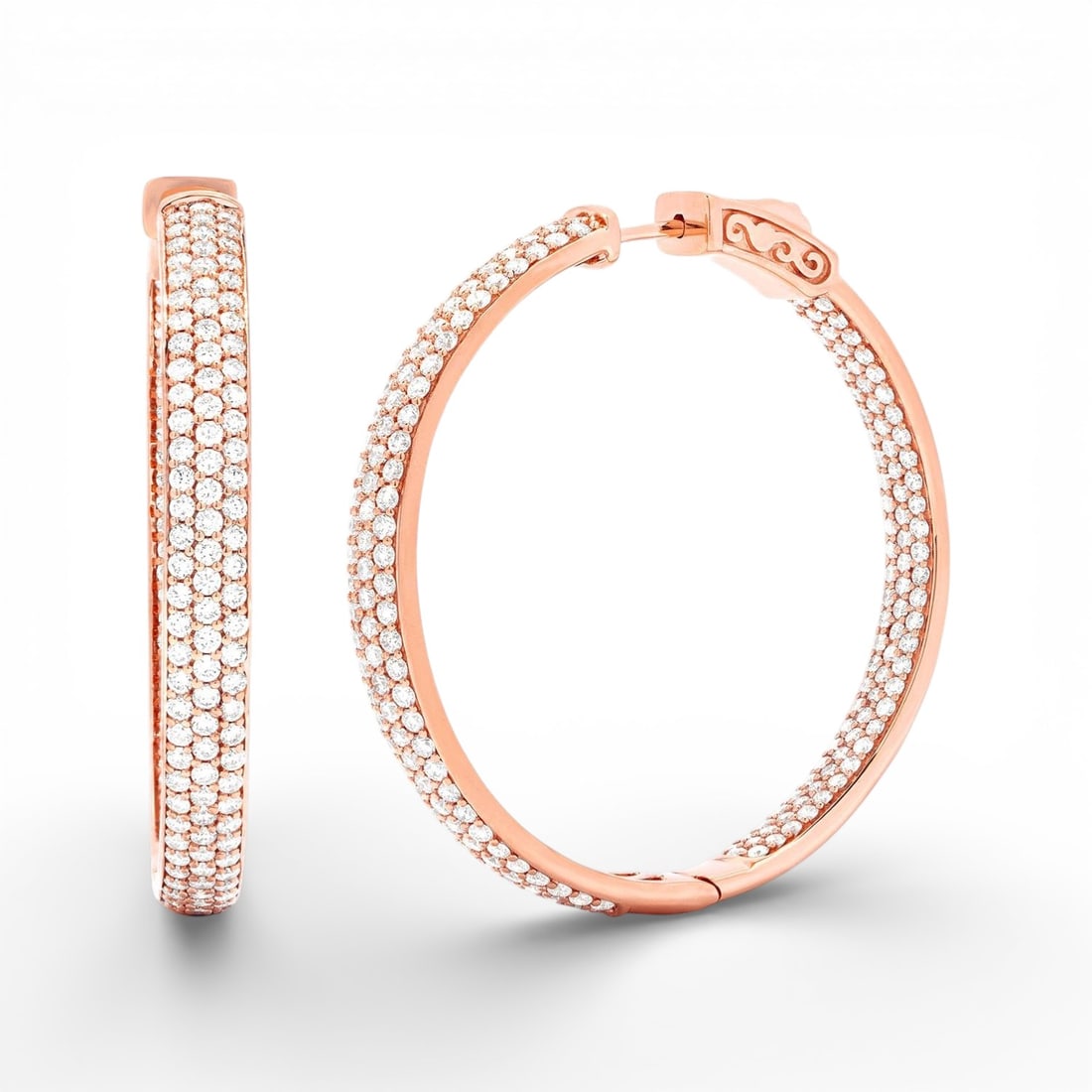 Duchess 3.3 ctw Diamond Hoop 18K Rose Gold Earrings: Exuding opulence and grace, this elegant 3-Row Hoop pair of earrings featuring White Diamond is crafted for the distinguished. Showcasing the gems in a Micro-Pave arrangement, the earrings consists of