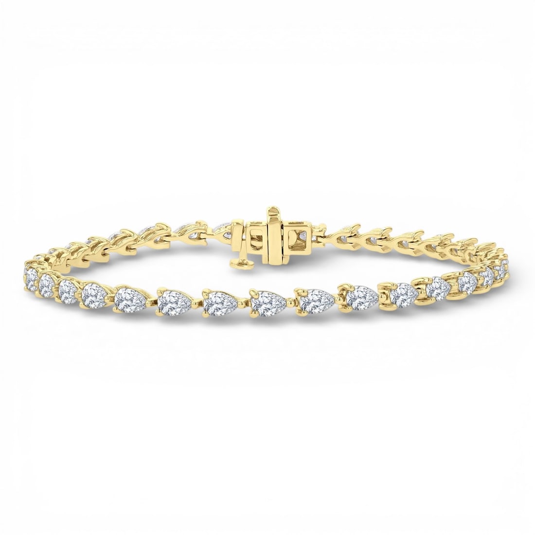 4.08 ctw Pear Cut Diamond East West Setting 14K Yellow Gold Tennis Bracelet: A symphony of light and color, this breathtaking East West Pear Cut bracelet featuring White Diamond embodies the pinnacle of luxury. Securely held in a classic Tennis design, the bracelet is forged f