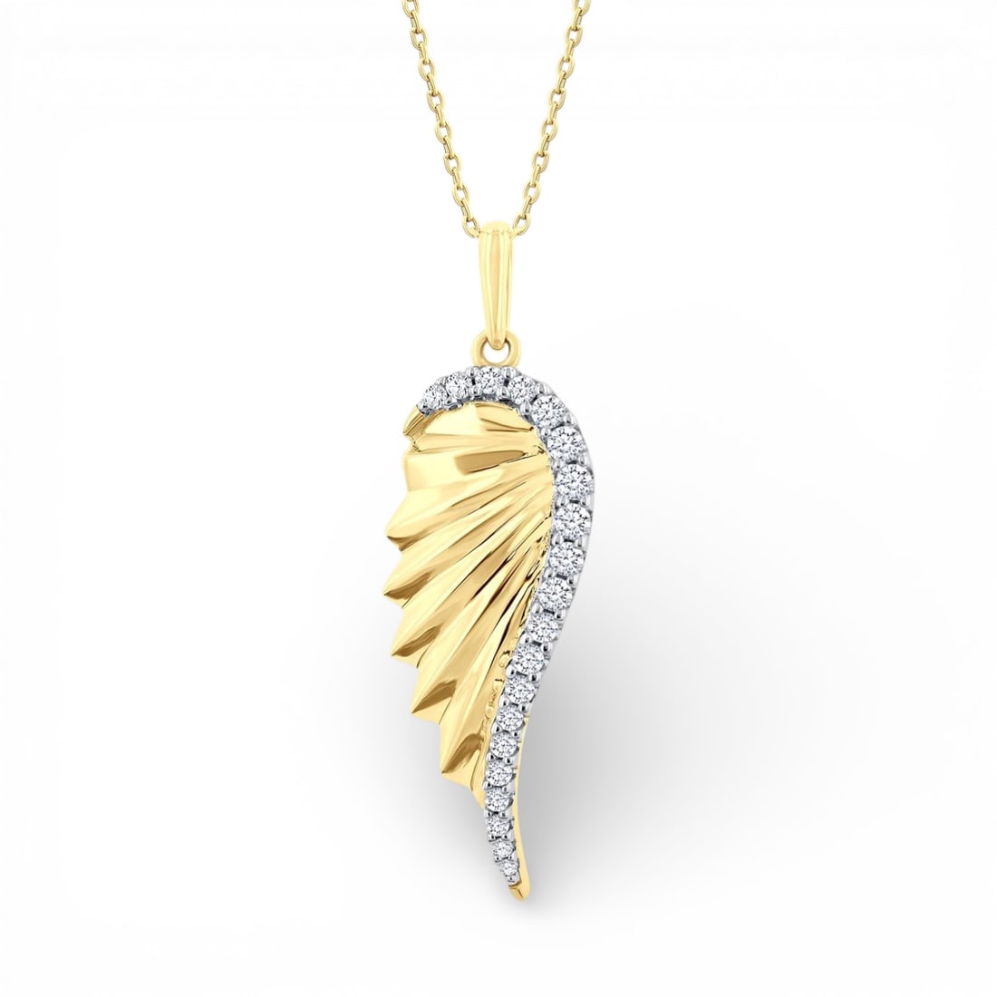 0.20 ctw Diamond Fluted Angel Wing 10K Yellow Gold Pendant: Exuding opulence and grace, this elegant Fluted Angel Wing pendant featuring Natural Diamonds is crafted for the distinguished. Showcasing the gems in a Fashion Pendant arrangement, the pendant consis