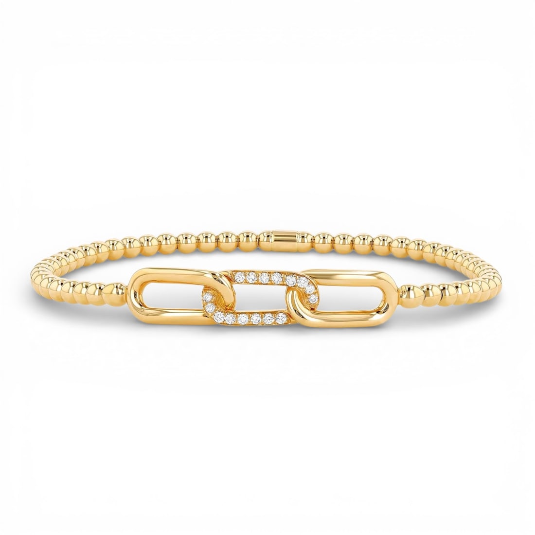 0.15 ctw Diamond 18K Yellow Gold Link Stretch Bracelet: Exuding opulence and grace, this elegant Link Stretch bracelet featuring Natural Diamonds is crafted for the distinguished. A detailed Link gallery secures the stones, rendered in 6.6 grams of lustrou
