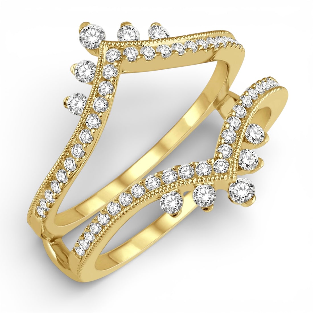 0.53 ctw Diamond Pointed Arch Insert Ring 14K Yellow Gold: Exuding opulence and grace, this magnificent Pointed Arch ring featuring White Diamond is crafted for the distinguished. Crafted with precision, the Insert/Guard Ring setting is seamlessly integrated