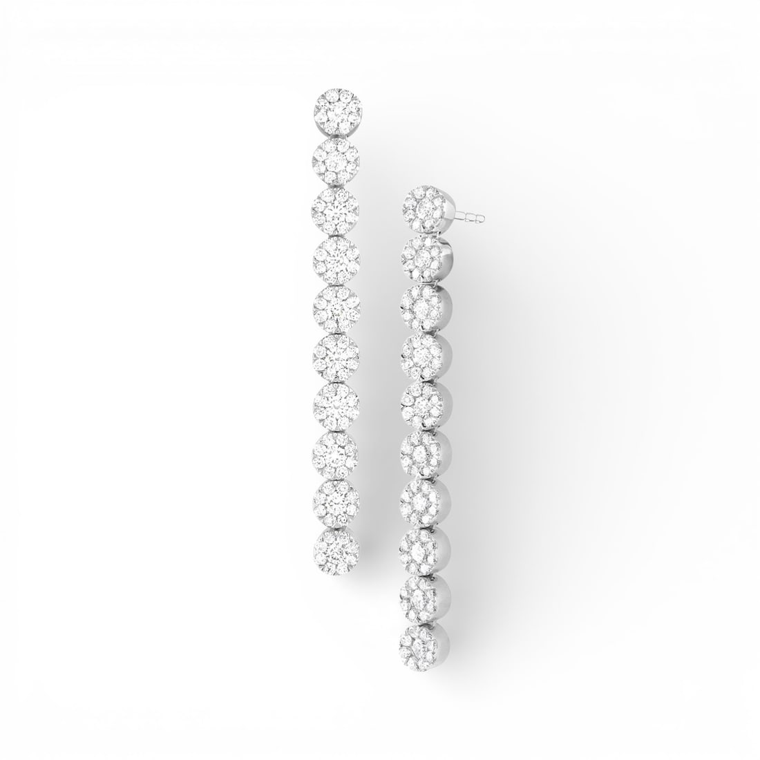 1.48 ctw White Diamond Cluster 18K White Gold Drop Earrings: Exuding opulence and grace, this elegant Cluster pair of earrings featuring White Diamond is crafted for the distinguished. A detailed Micro-Pave gallery secures the stones, rendered in 5.4 grams of l