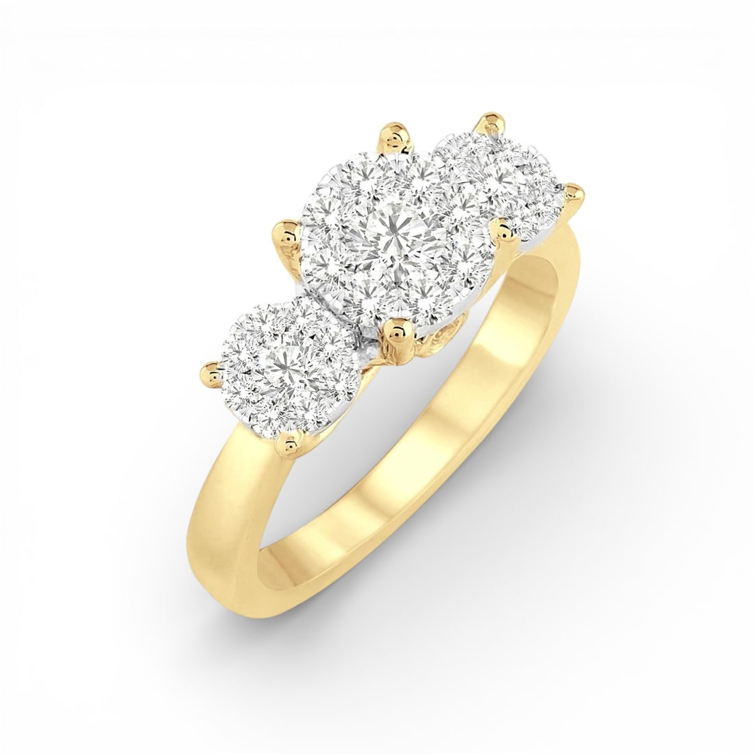 0.49 ctw Cluster White Diamond 14K Yellow and White Gold Ring: Exuding opulence and grace, this magnificent Cluster ring featuring White Diamond is crafted for the distinguished. A detailed Three-Stone Cluster gallery secures the stones, rendered in 3.65 grams of