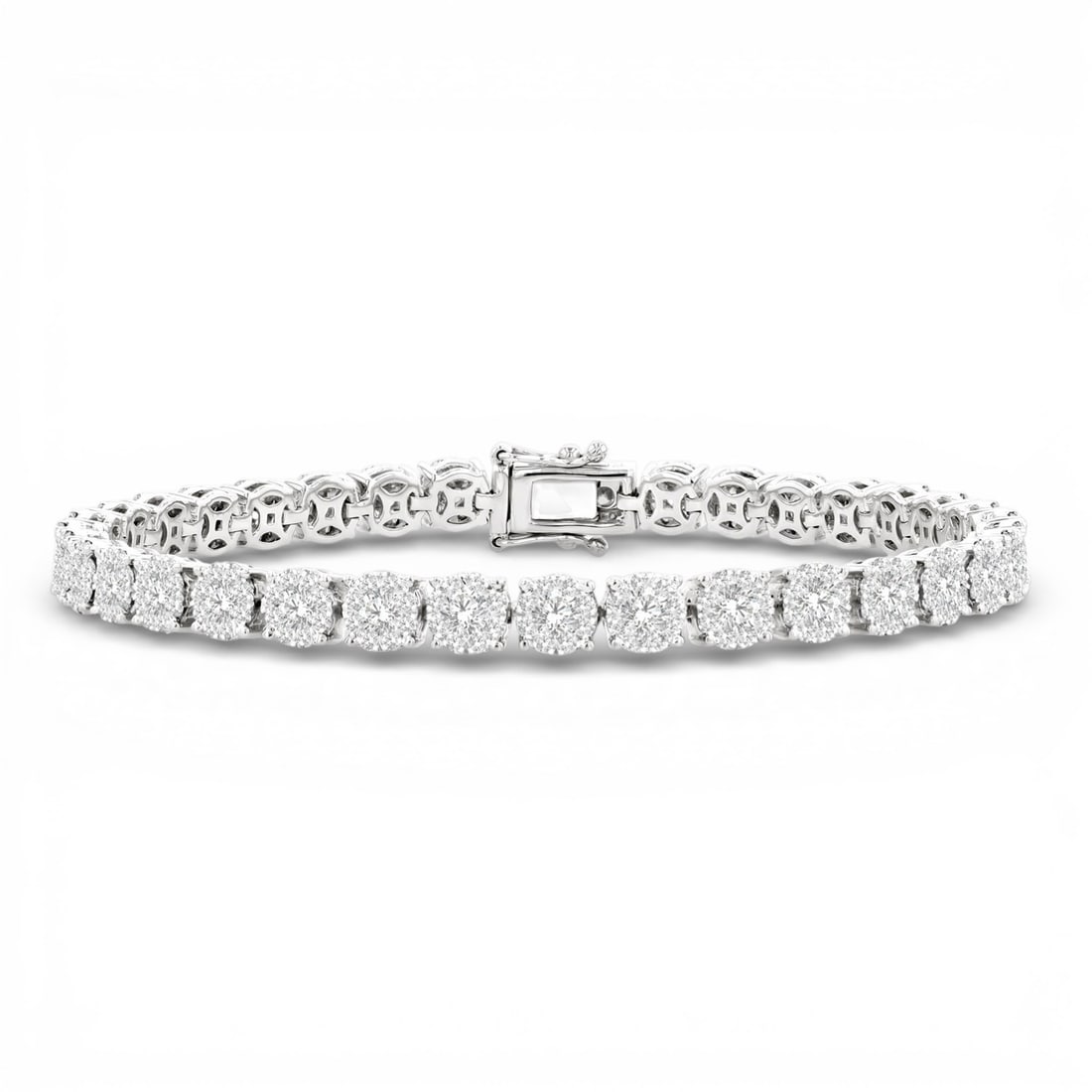 5.04 ctw Diamond Cluster 14K White Gold Tennis Bracelet: Exuding opulence and grace, this breathtaking Cluster bracelet featuring White Diamond is crafted for the distinguished. Crafted with precision, the Cluster setting is seamlessly integrated into 15.3