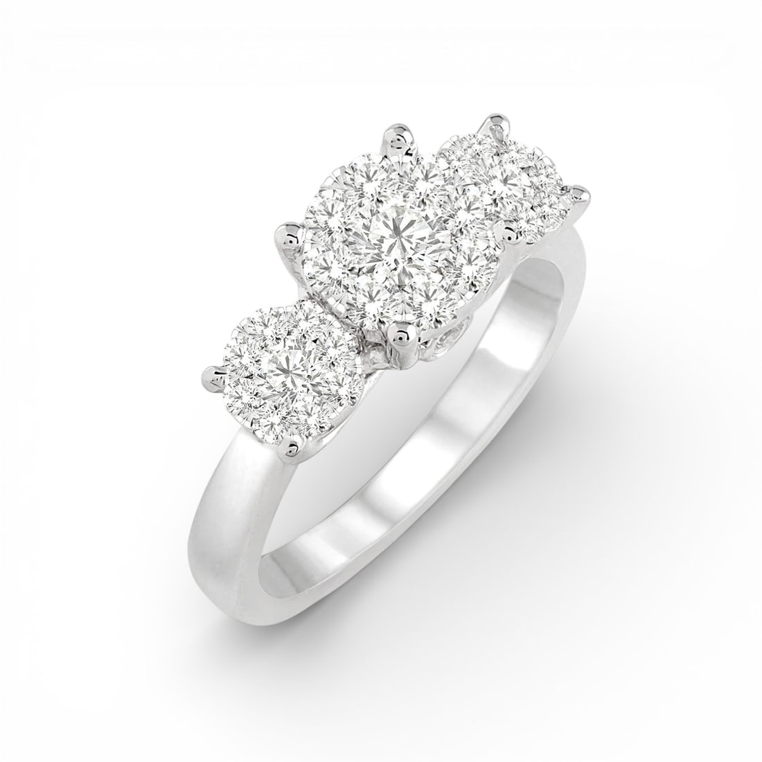 0.49 ctw Cluster Diamond Three Stone 14K White Gold Ring: Epitomizing grandeur, this magnificent Cluster ring featuring Natural Diamonds stands as a beacon of refined taste. Showcasing the gems in a Three-Stone arrangement, the ring consists of 3.65 grams of