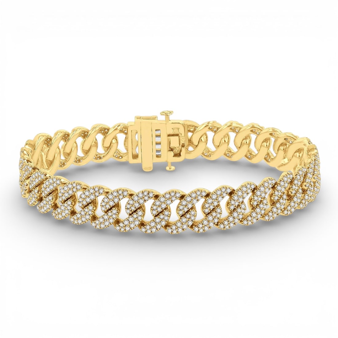 4.0 ctw Round White Diamond Cuban Link 14K Yellow Gold Bracelet: A vision of luxury, this exquisite Cuban bracelet featuring Natural Diamonds defines sophistication. Securely held in a classic Pave-set Cuban Link Chain design, the bracelet is forged from 24.1 grams
