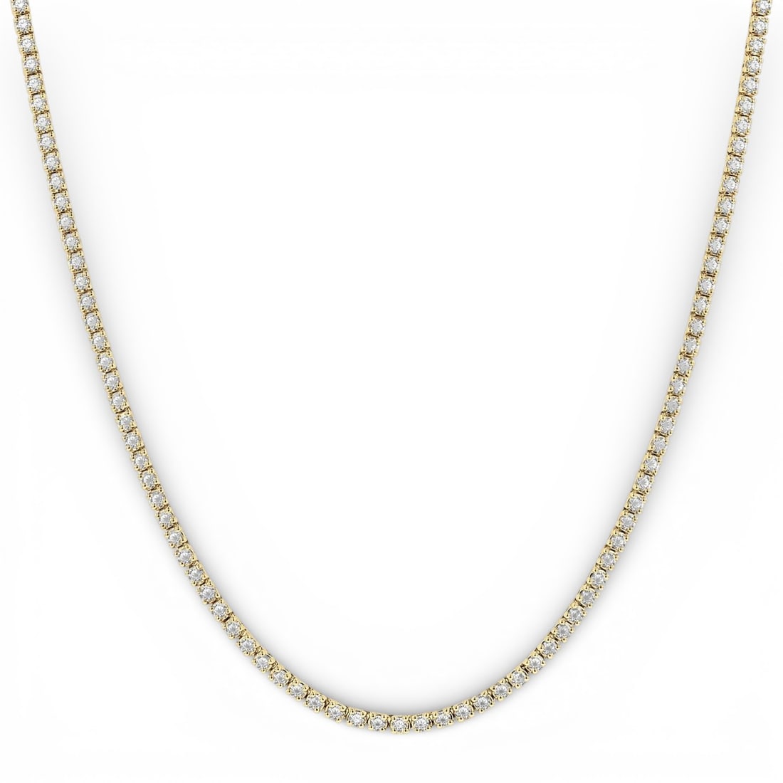 3.0 ctw Round Cut Diamond 14K Yellow Gold Tennis Necklace: Defining modern elegance, this breathtaking Continuous Line necklace featuring White Diamond captures the essence of style. The gemstones are nestled within a Continuous Line framework, supported by a