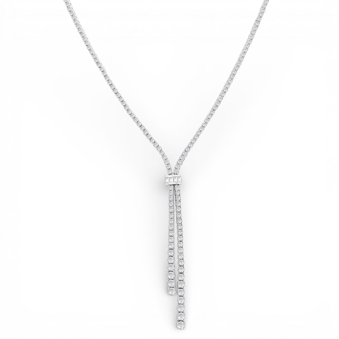 3.09 ctw Baguette and Round Diamond 14K White Gold Lariat Necklace: Rare and radiant, this breathtaking Split Y-Shape necklace featuring Natural Diamonds offers a touch of the extraordinary. Crafted with precision, the Lariat setting is seamlessly integrated into 18.6