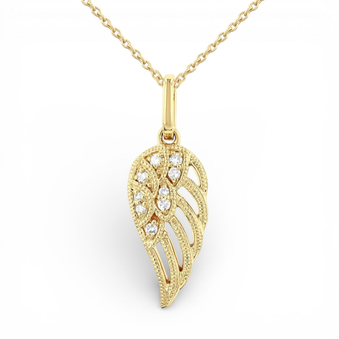0.05 ctw White Diamond Angel Wing 10K Yellow Gold Pendant: A vision of luxury, this elegant Angel Wing pendant featuring White Diamond defines sophistication. Securely held in a classic Cluster design, the pendant is forged from 1.1 grams of high-polish 10K Y