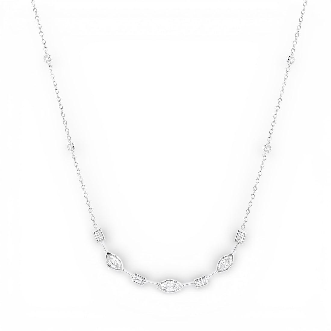 1.39 ctw Marquise & Baguette Diamond 18K White Gold Necklace: Defining modern elegance, this breathtaking Bezel necklace featuring White Diamond captures the essence of style. Expertly mounted in a Station/Bar Setting setting, the necklace is crafted in 3.7 gram