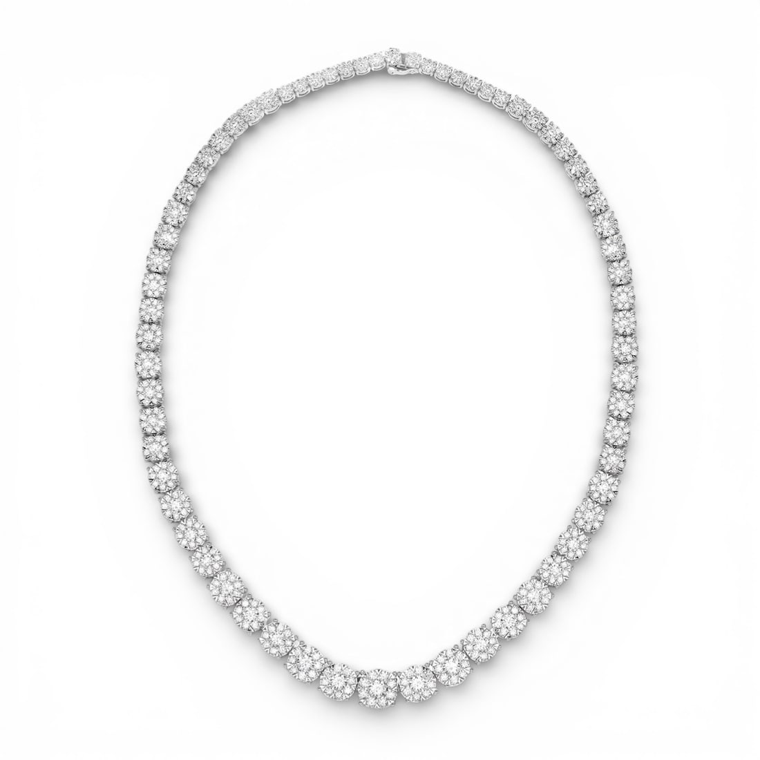 20.09 ctw Fiori Eternity White Diamond 18K White Gold Necklace: Defining modern elegance, this breathtaking Fiori Eternity necklace featuring White Diamond captures the essence of style. The gemstones are nestled within a Cluster framework, supported by a substant
