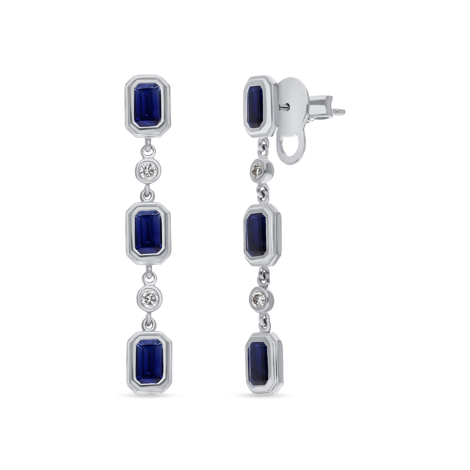 2.05ct Blue Sapphire and 0.13ctw White Diamond 18K White Gold Drop Earrings: Timeless and sophisticated, this elegant 3 Stone Drop pair of earrings featuring Blue Sapphire, White Diamond radiates enduring beauty. Securely held in a classic Drop/Dangle design, the earrings are