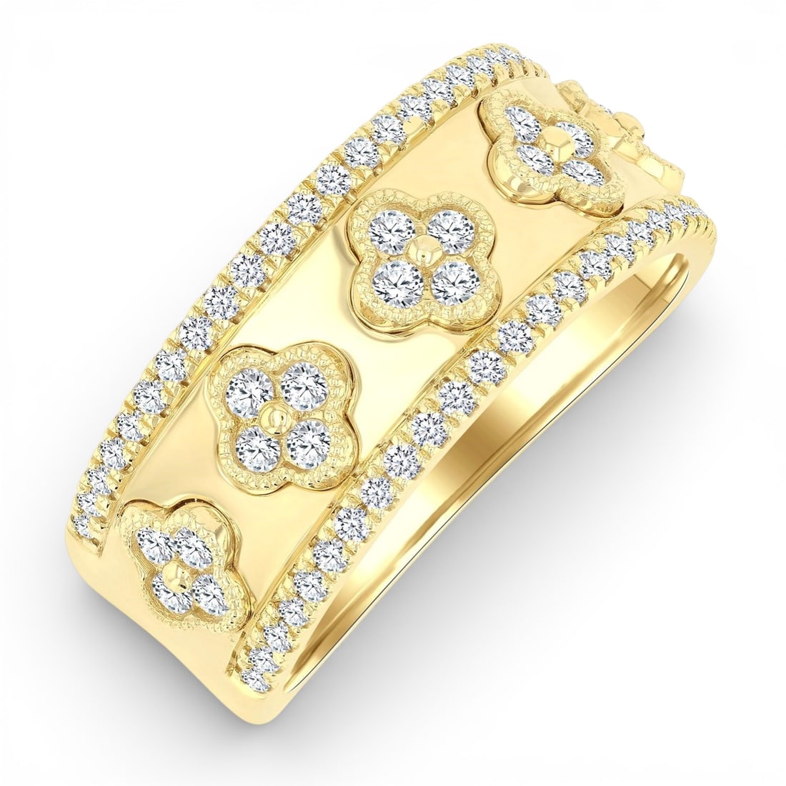 0.62 ctw Diamond Clover Motif 14K Yellow Gold Wide Fashion Band: A vision of luxury, this stunning Clover Motif ring featuring White Diamond defines sophistication. Securely held in a classic Wide Band design, the ring is forged from 7.5 grams of high-polish 14K Ye