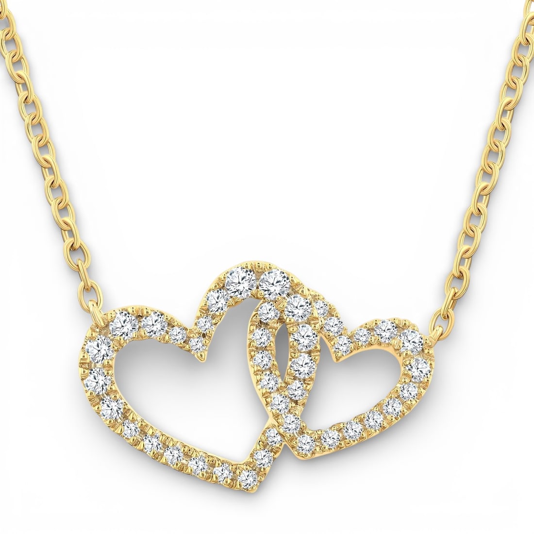 0.23 ctw Interlocked Heart Diamond 10K Yellow Gold Pendant Necklace: A vision of luxury, this stunning Interlocked Heart necklace featuring White Diamond defines sophistication. The gemstones are nestled within a Pave-Set Interlocked Heart Motif framework, supported by