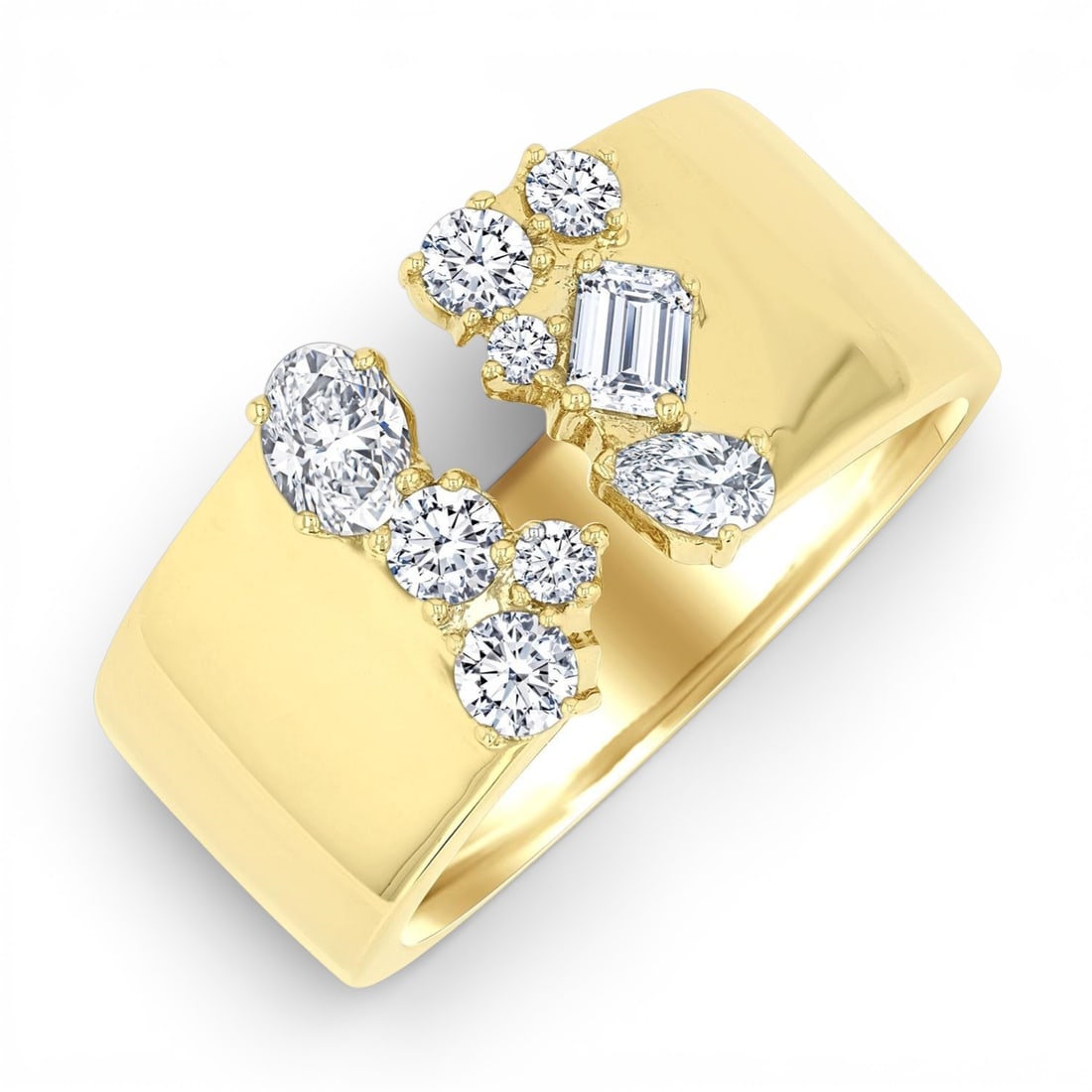 0.74 ctw Mixed Cut Diamond Wide Fashion Band 14K Yellow Gold Ring: Exuding opulence and grace, this magnificent Open Top Wide Band ring featuring White Diamond is crafted for the distinguished. Crafted with precision, the Cluster setting is seamlessly integrated into
